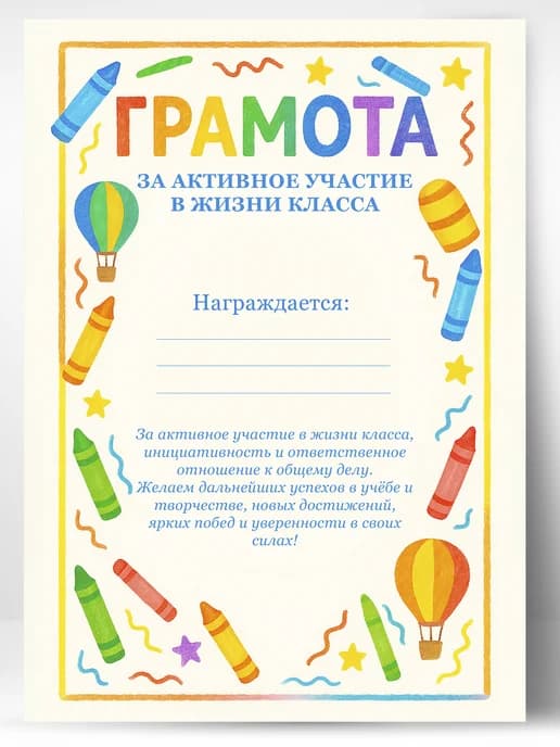 Грамота школьная - За активное участие в жизни класса