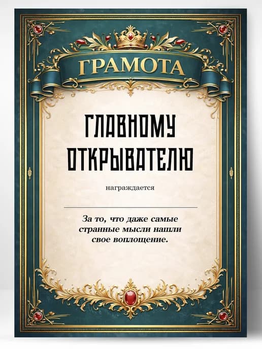 Грамота диплом в подарок - Главному открывателю
