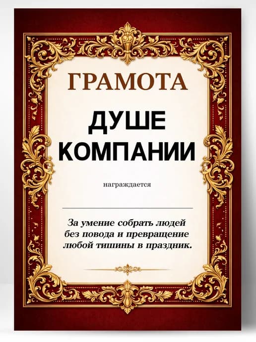 Грамота диплом в подарок - Душе компании