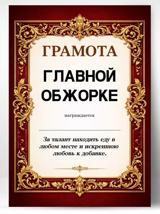 Грамота диплом в подарок - Главной обжорке