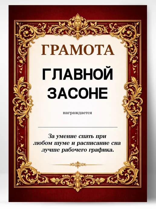 Грамота диплом в подарок - Главной засоне