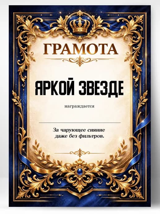 Грамота диплом в подарок - Яркой звезде