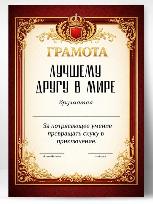 Грамота диплом в подарок - Лучшему другу в мире