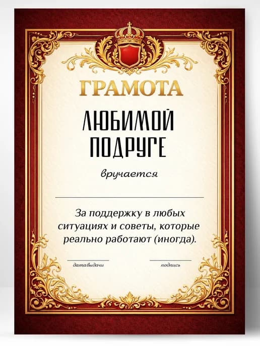 Грамота диплом в подарок - Любимой подруге