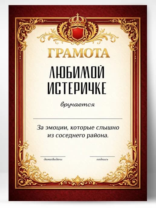 Грамота диплом в подарок - Любимой истеричке