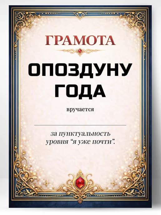 Грамота диплом в подарок - Опоздуну года