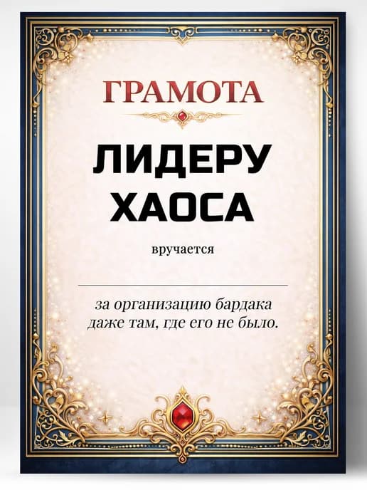 Грамота диплом в подарок - Лидеру хаоса