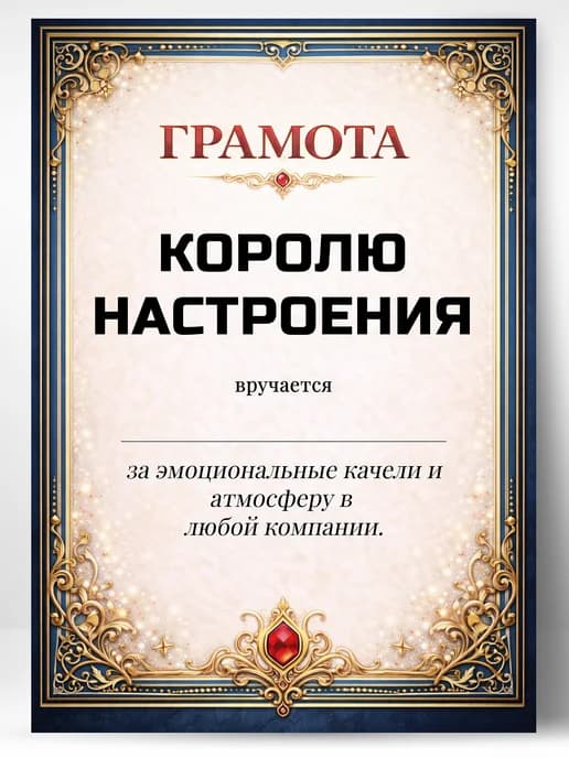 Грамота диплом в подарок - Королю настроения