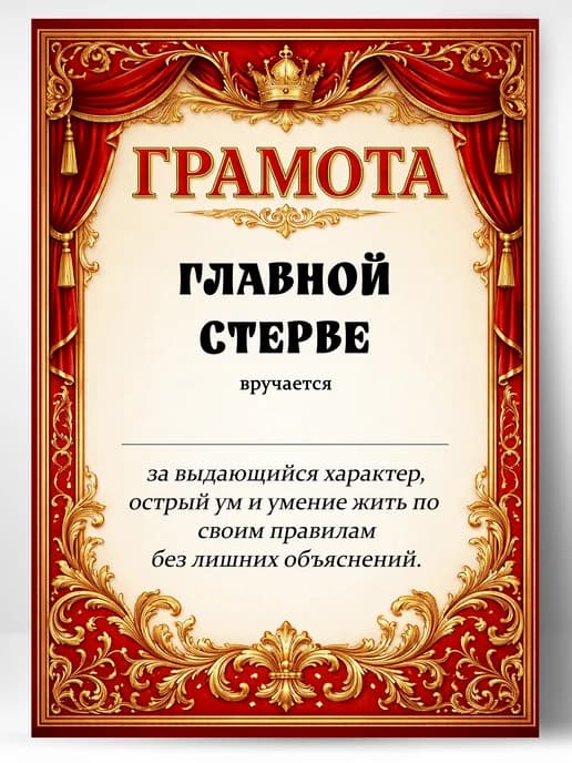 Грамота диплом в подарок - Главной стерве