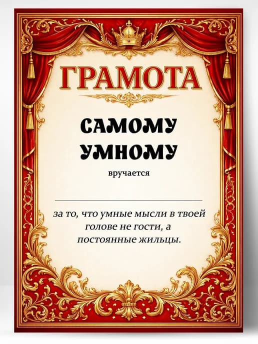 Грамота диплом в подарок - Самому умному