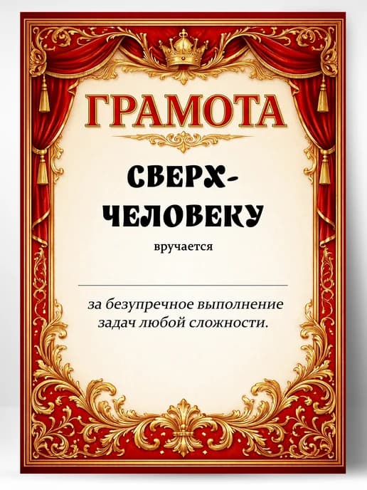 Грамота диплом в подарок - Сверхчеловеку