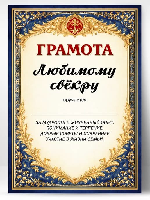 Грамота диплом в подарок - Любимому свёкру