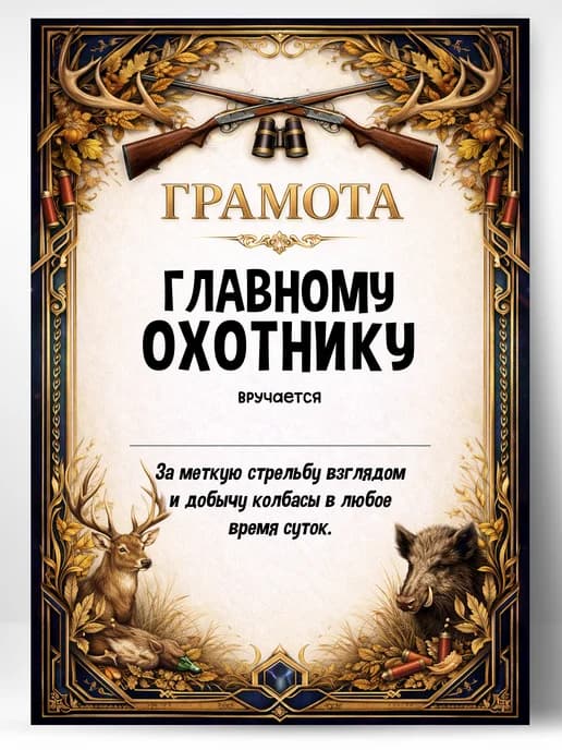 Грамота диплом в подарок - Главному охотнику