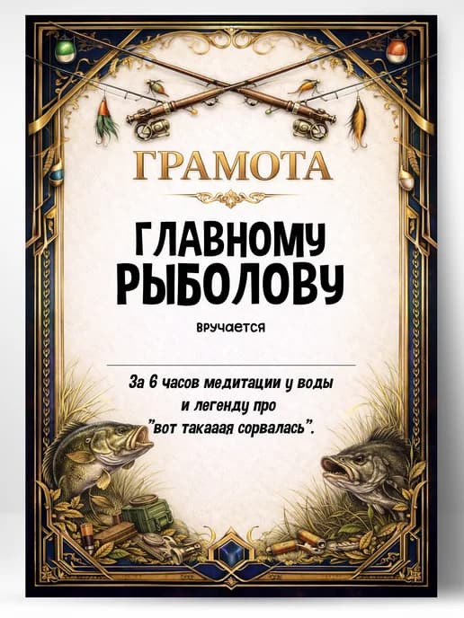 Грамота диплом в подарок - Главному рыболову
