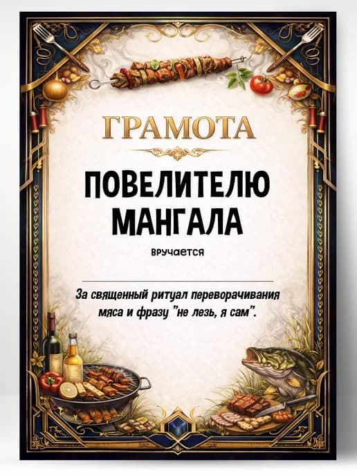 Грамота диплом в подарок - Повелителю мангала