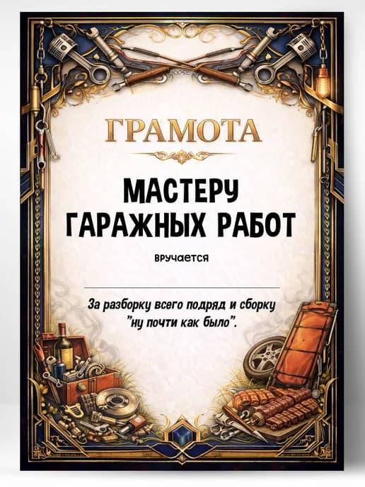 Грамота диплом в подарок - Мастеру гаражных работ