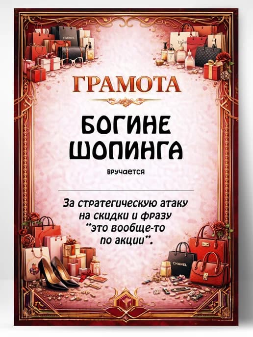 Грамота диплом в подарок - Богине шопинга