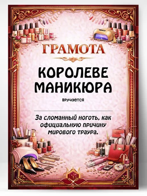 Грамота диплом в подарок - Королеве маникюра