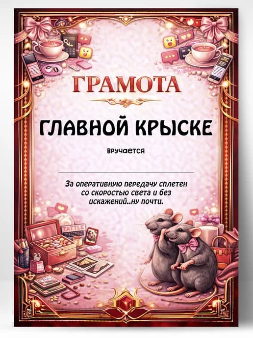 Грамота диплом в подарок - Главной крыске
