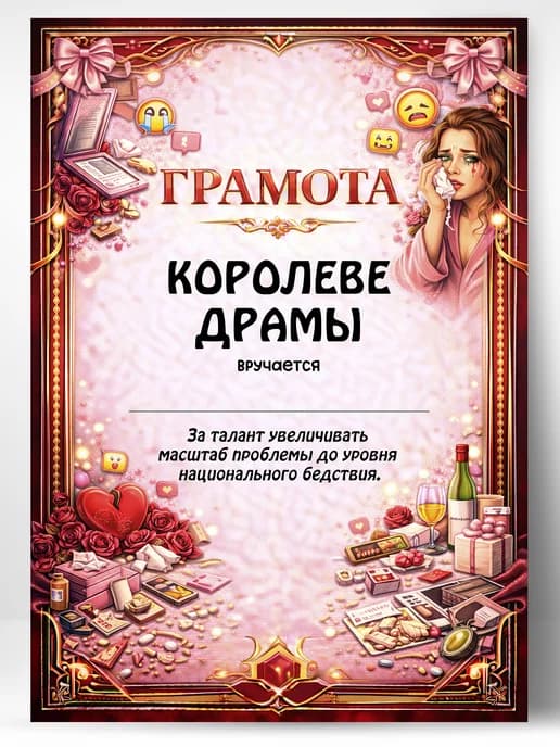 Грамота диплом в подарок - Королеве драмы