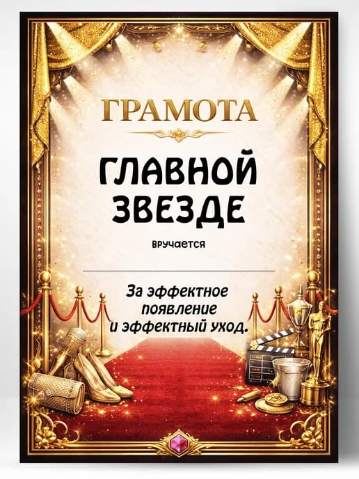 Грамота диплом в подарок - Главной звезде