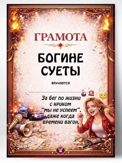 Грамота диплом в подарок - Богине суеты