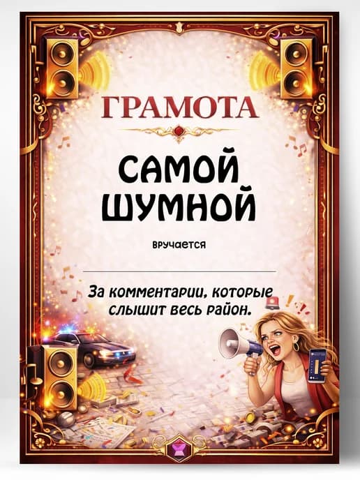 Грамота диплом в подарок - Самой шумной