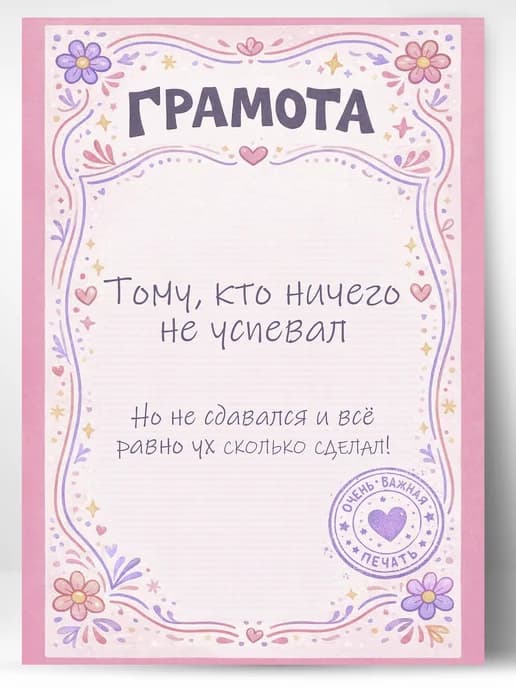 Грамота диплом в подарок - Тому, кто ничего не успевал