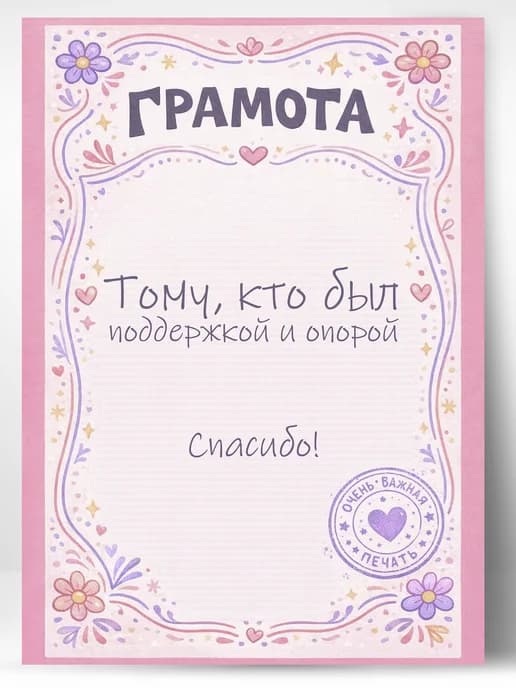 Грамота диплом в подарок - Тому, кто был поддержкой и опорой