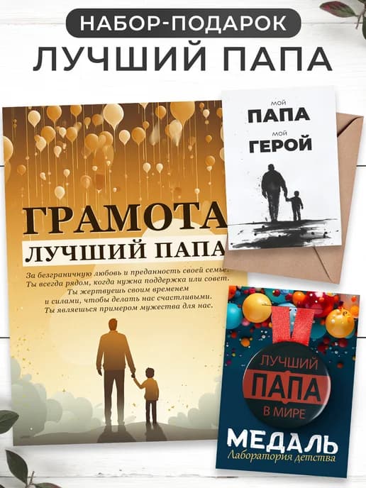 Папе в подарок медаль, грамота, открытка