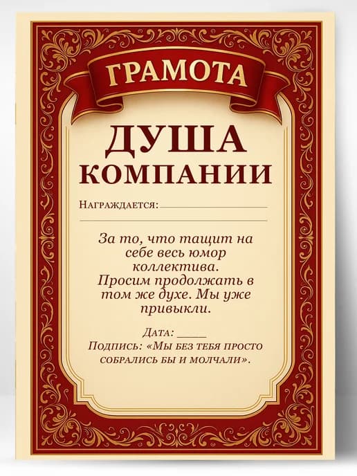 Грамота диплом в подарок - Душа компании