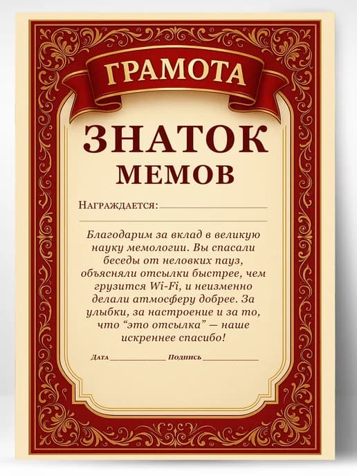 Грамота диплом в подарок - Знаток мемов