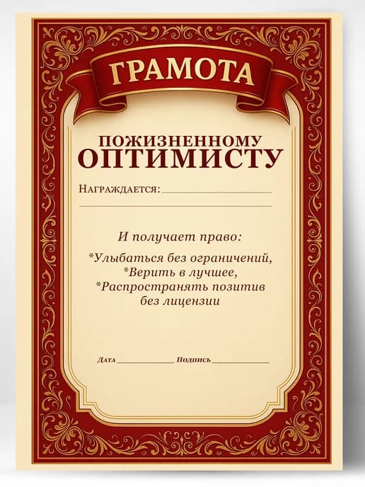 Грамота диплом в подарок - Пожизненному оптимисту