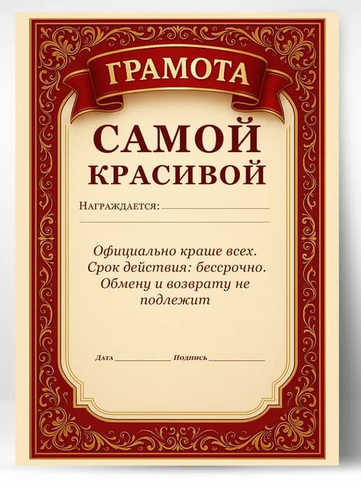Грамота диплом в подарок - Самой красивой