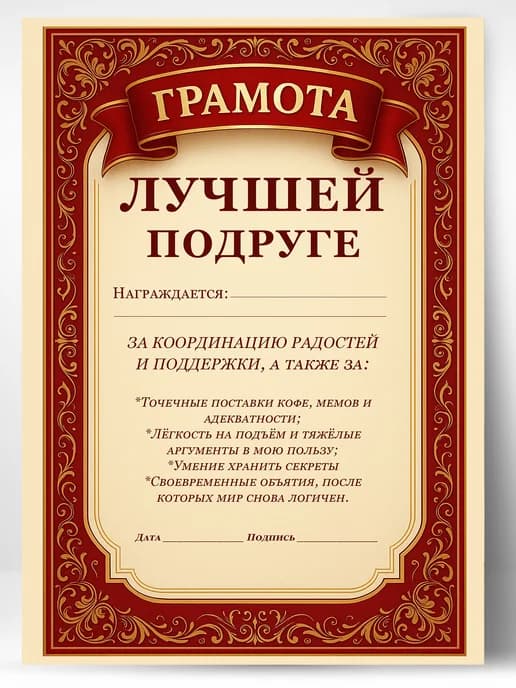 Грамота диплом в подарок - Лучшей подруге