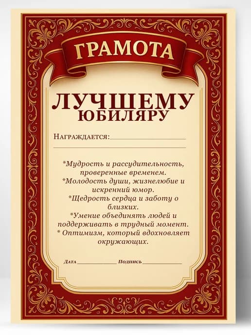 Грамота диплом в подарок - Лучшему юбиляру