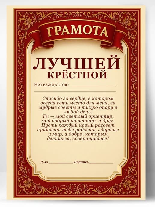 Грамота диплом в подарок - Лучшей крёстной