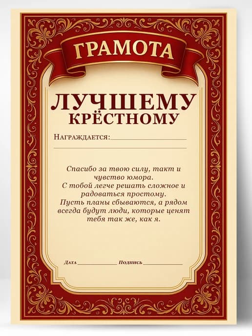 Грамота диплом в подарок - Лучшему крёстному