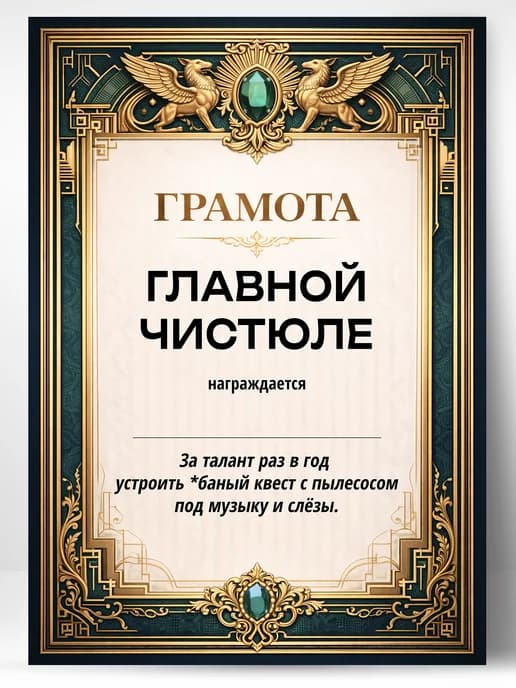 Грамота диплом в подарок - Главной чистюле