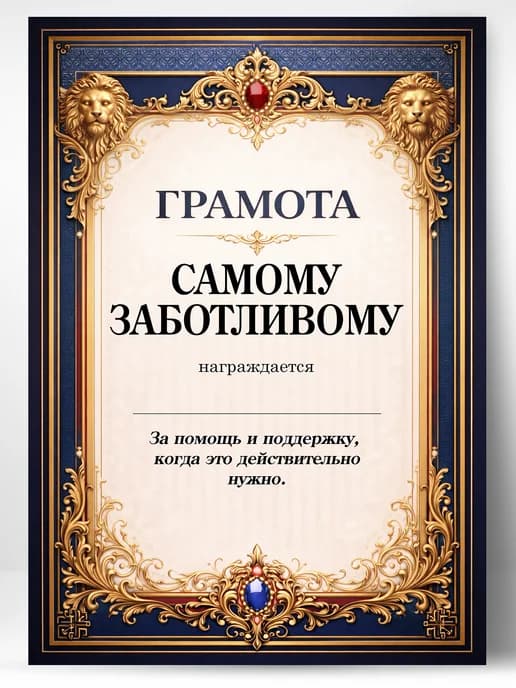 Грамота диплом в подарок - Самому заботливому