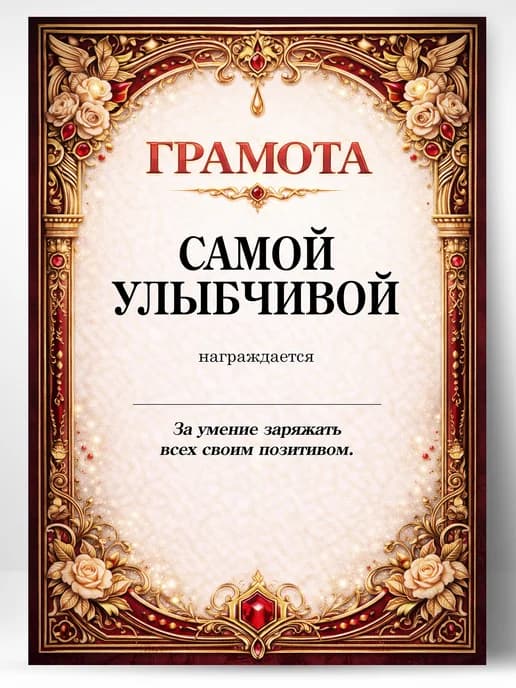 Грамота диплом в подарок - Самой улыбчивой
