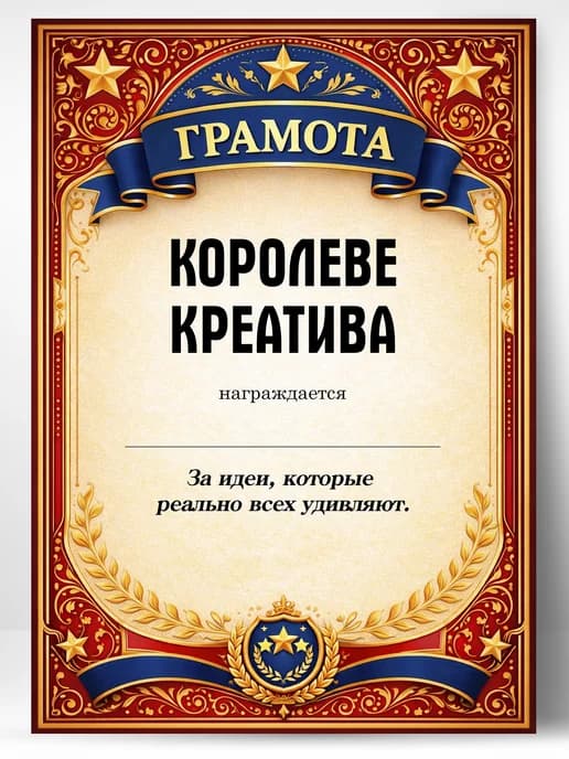 Грамота диплом в подарок - Королеве креатива