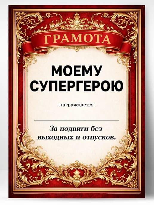 Грамота диплом в подарок - Моему супергерою