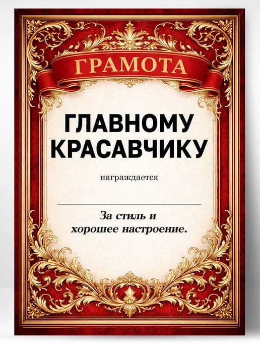 Грамота диплом в подарок - Главному красавчику