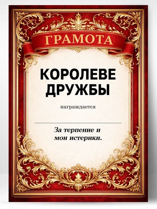 Грамота диплом в подарок - Королеве дружбы