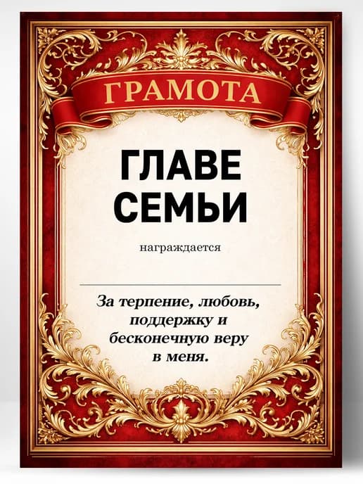 Грамота диплом в подарок - Главе семьи