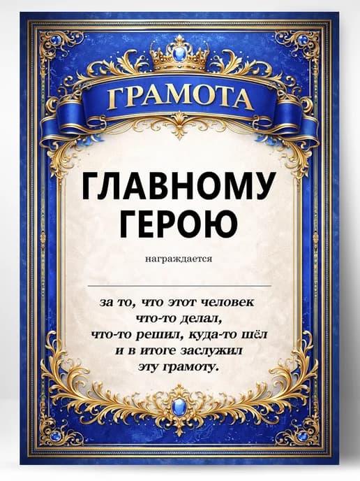 Грамота диплом в подарок - Главному герою