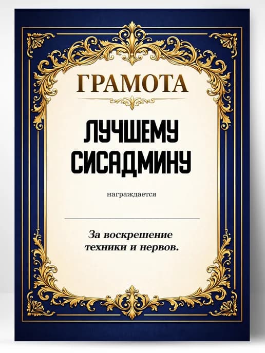 Грамота диплом в подарок - Лучшему сисадмину