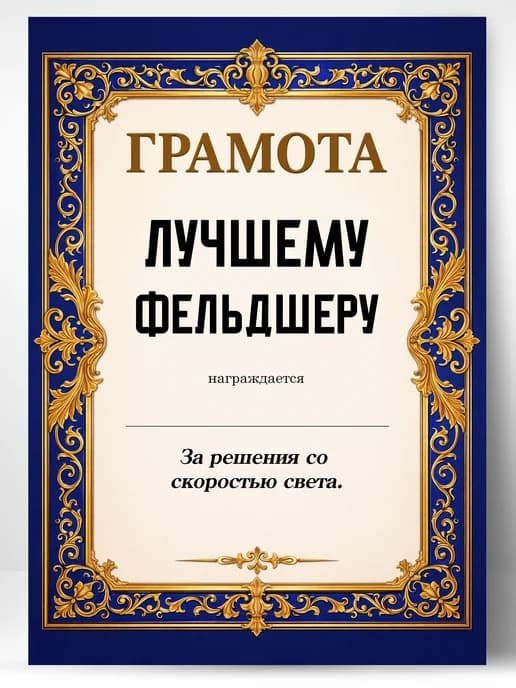 Грамота диплом в подарок - Лучшему фельдшеру