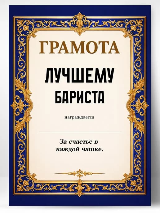 Грамота диплом в подарок - Лучшему бариста